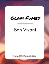 A card with 'Glam Fumes' branding and 'Bon Vivant' product name, indicating perfume and body oil product.